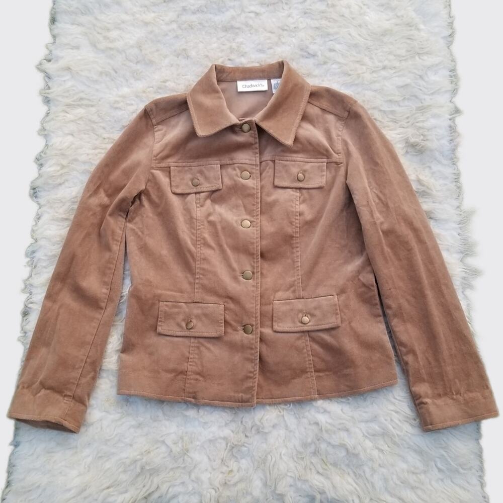 Tan Jacket Chadwick's Size 6 Tan Coat Button Front Flap Pockets Stretch Velour - Picture 10 of 10
